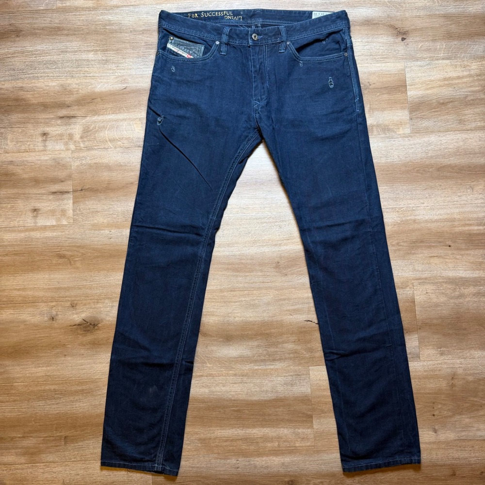 Diesel Thanaz Jeans Mens 34x32 Dark Indigo Slim Skinny 0601K Italy Distressed